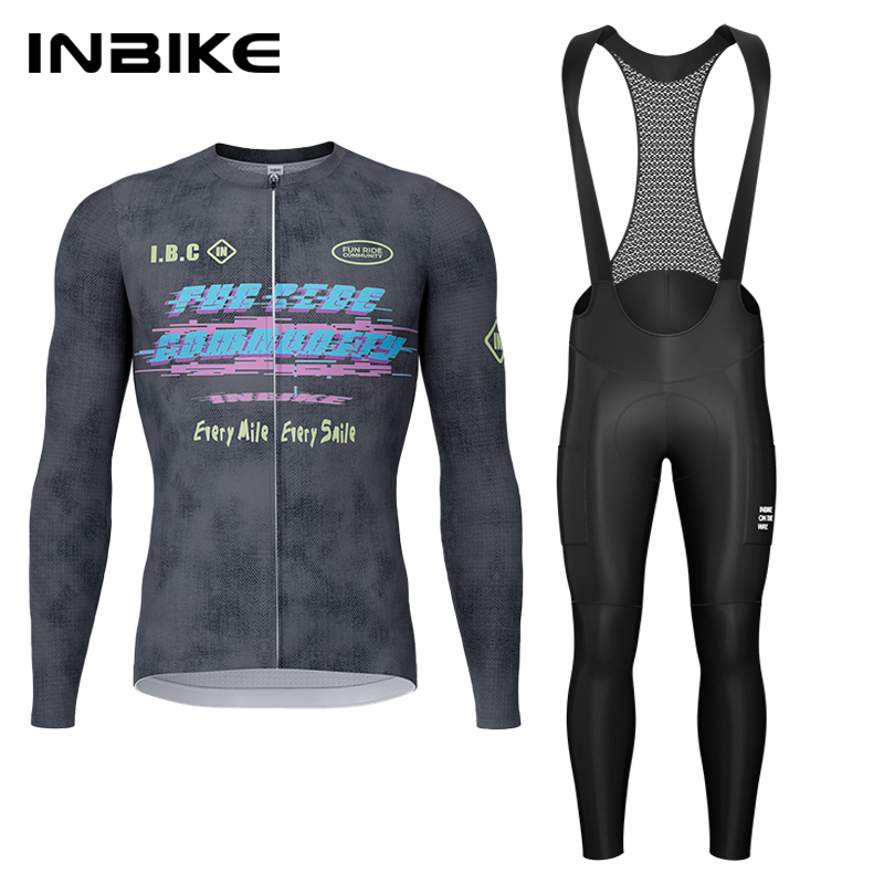 Mountain Biking Jerseys Men - INBIKE 春秋サイクリングセット サイクリングジャージ 長袖ビブパンツ パッド付き マウンテンロードバイクスーツ